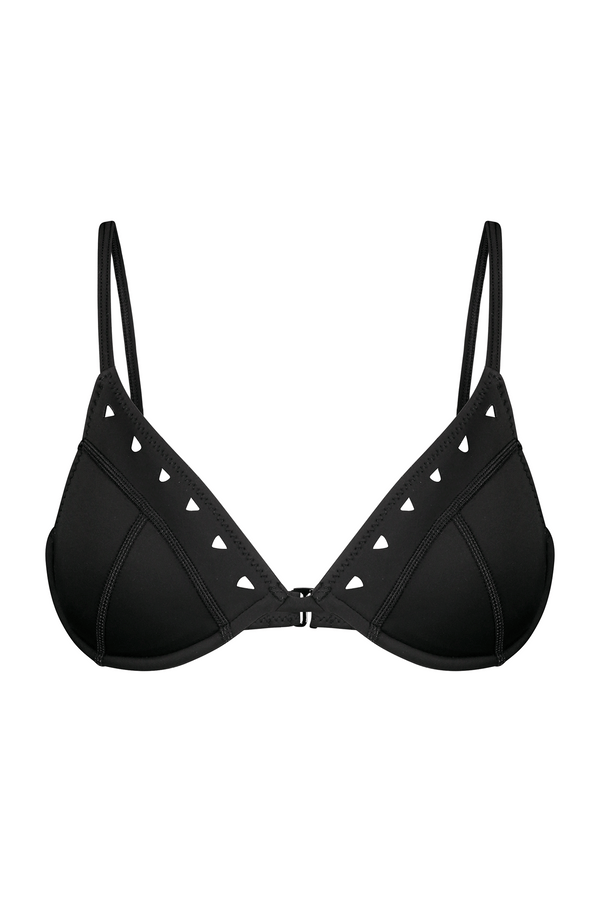 The Alice Top by Gigi C Bikinis is a fashionable black bikini featuring triangular cups, thin adjustable straps, and a front clasp. It boasts laser cutouts along the top edge of each cup, offering a chic scuba-inspired design.