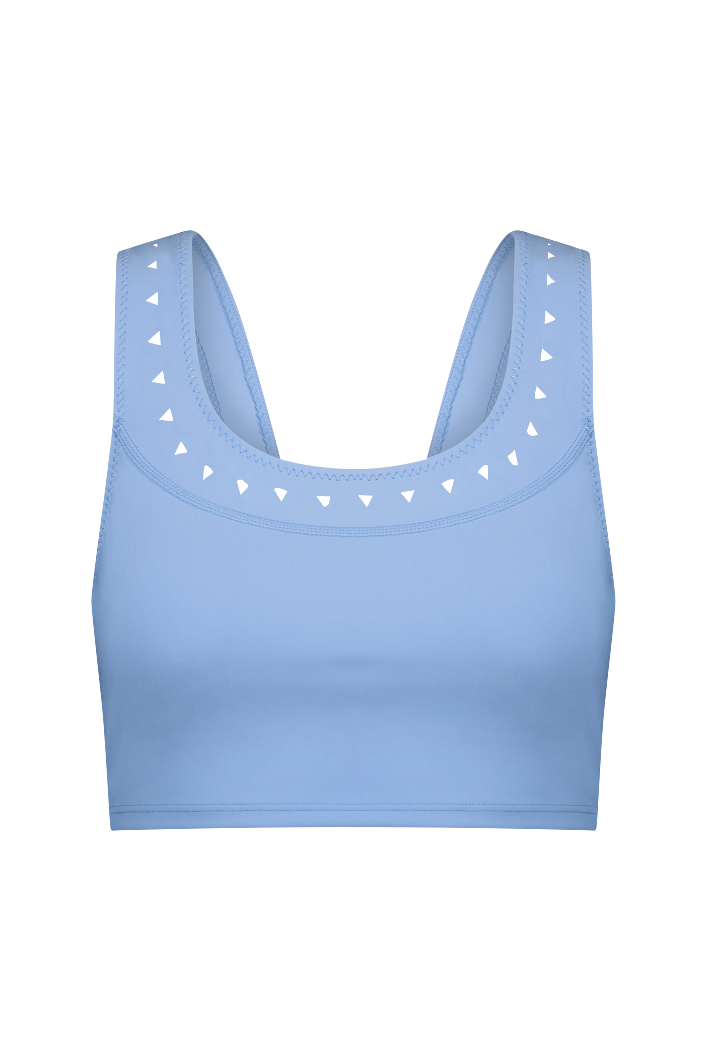 The Annabelle Bra Top by Gigi C Sport is light blue with triangular cut-outs along the scoop neckline and straps. This seamless, sleeveless design offers comfort with its breathable fabric, ideal for both active wear and relaxation.