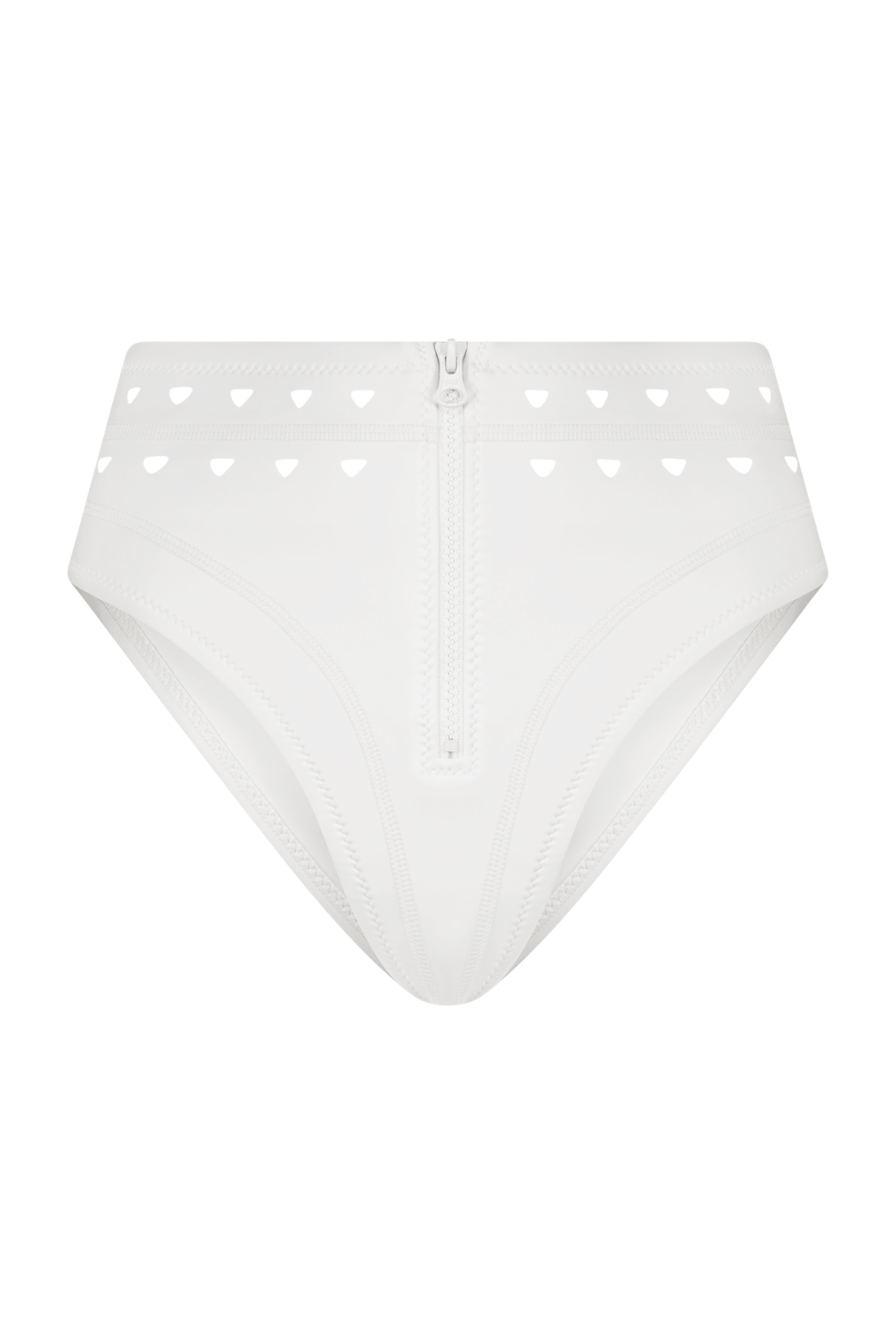 The McKenzie Bottom by Gigi C Bikinis is a white high-waisted underwear made from silky scuba fabric, featuring a front zipper and intricate laser-cut triangle designs around the waistband.