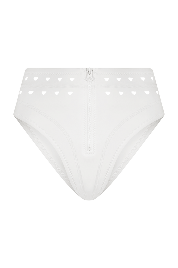 The McKenzie Bottom by Gigi C Bikinis is a white high-waisted underwear made from silky scuba fabric, featuring a front zipper and intricate laser-cut triangle designs around the waistband.