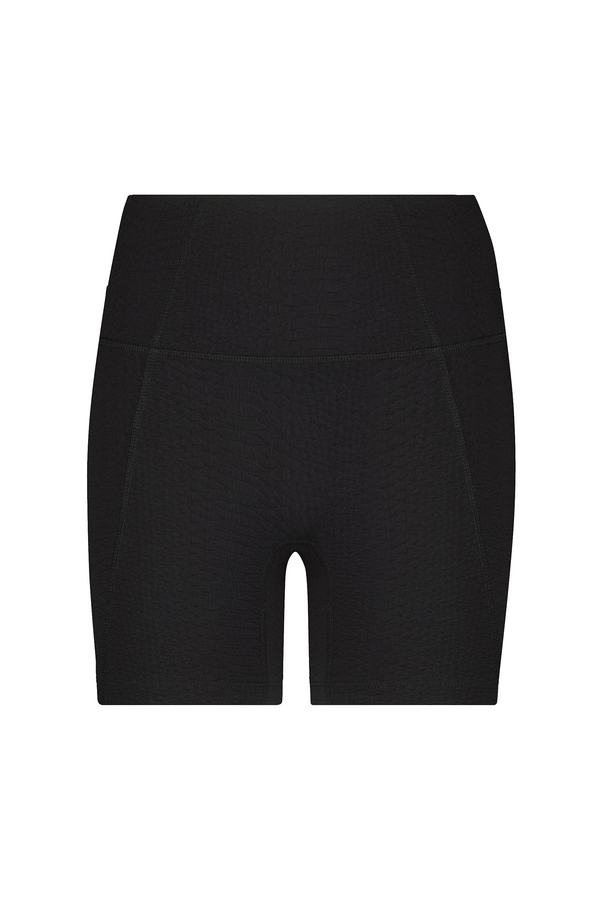 Mila Short by Gigi C Sport: Black high-waisted biker shorts crafted with textured faux snakeskin fabric, featuring flat seams and a snug fit that extends to mid-thigh.