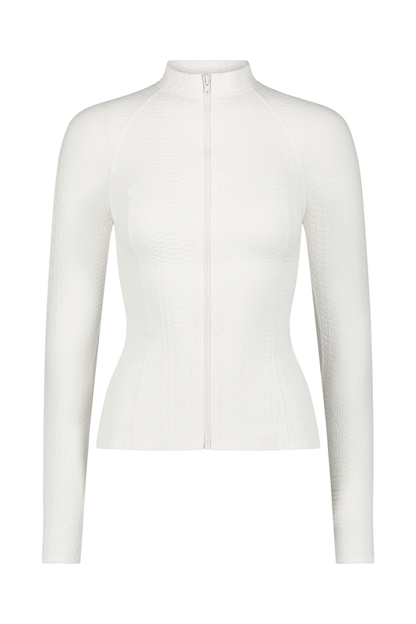 The Natasha Jacket by Gigi C Sport features long sleeves, a textured faux snake pattern, and a front zipper extending to a high collar. It crafts a fitted silhouette that beautifully accentuates the waist.
