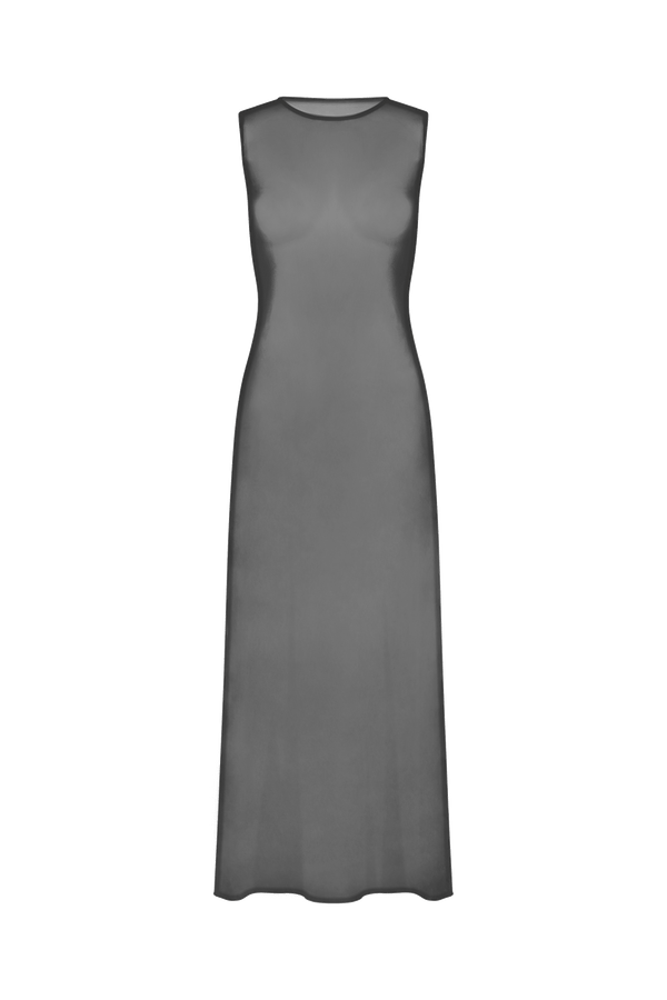 The Terri Mesh Coverup by Gigi C Bikinis is a sleeveless, sheer black dress displayed on a white backdrop. It features thigh-high slits, a straight silhouette, and a high neckline, captivating with its mesh fabric.