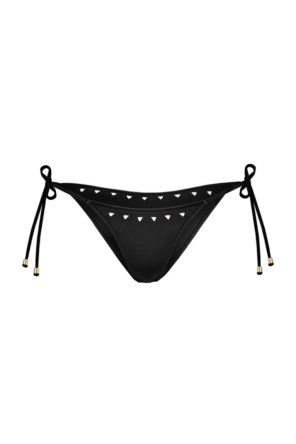 Gigi C Bikinis Christina Tie Side Bottoms feature black fabric with side ties, gold accents, and a subtle white triangle pattern on the waistband for minimal coverage and a chic beach look.