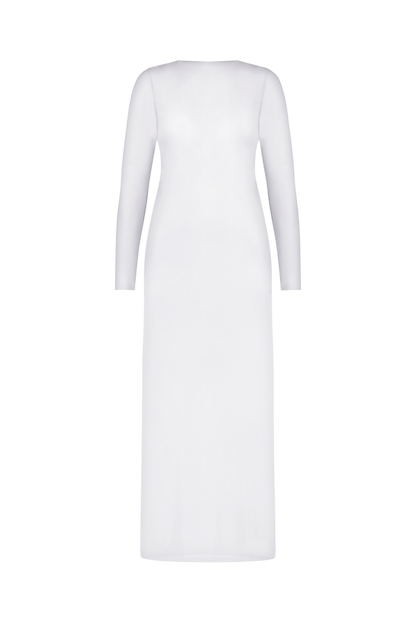 The Michelle Mesh Coverup by Gigi C Bikinis is a long white dress with sheer fine mesh, long fitted sleeves, and a high neckline. This ankle-length piece is simple, flowing, crafted from soft material, and exudes an elegant minimalist aesthetic.