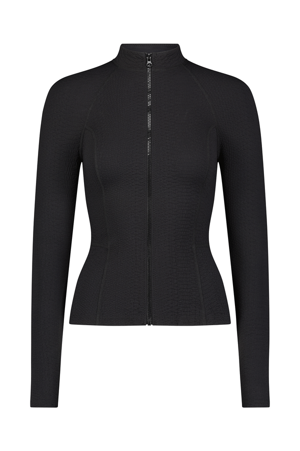 The Natasha Jacket by Gigi C Sport is a black fitted design with long sleeves, faux snake texture, front zip closure, and high collar. Its paneling accentuates the waist beautifully.