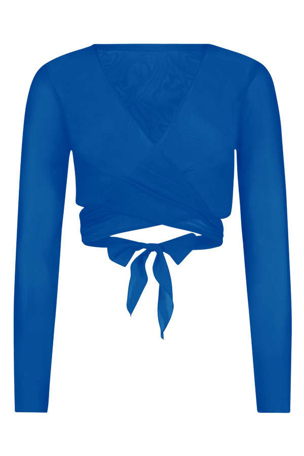 The Tina Mesh Wrap Top by Gigi C Bikinis is a royal blue, long-sleeve top with a deep V-neckline, crafted from sheer fine mesh fabric. It includes two adjustable waist ties for knotting into a bow, creating an elegant texture.