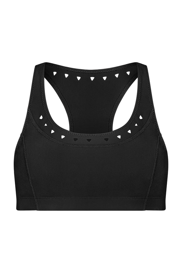 Introducing the Annabelle Bra Top by Gigi C Sport: A sleek black sports bra featuring a racerback design and stylish triangular cutouts at the neckline. Crafted from breathable knit and recycled fabric, it provides a smooth, fitted experience ideal for any athletic activity.