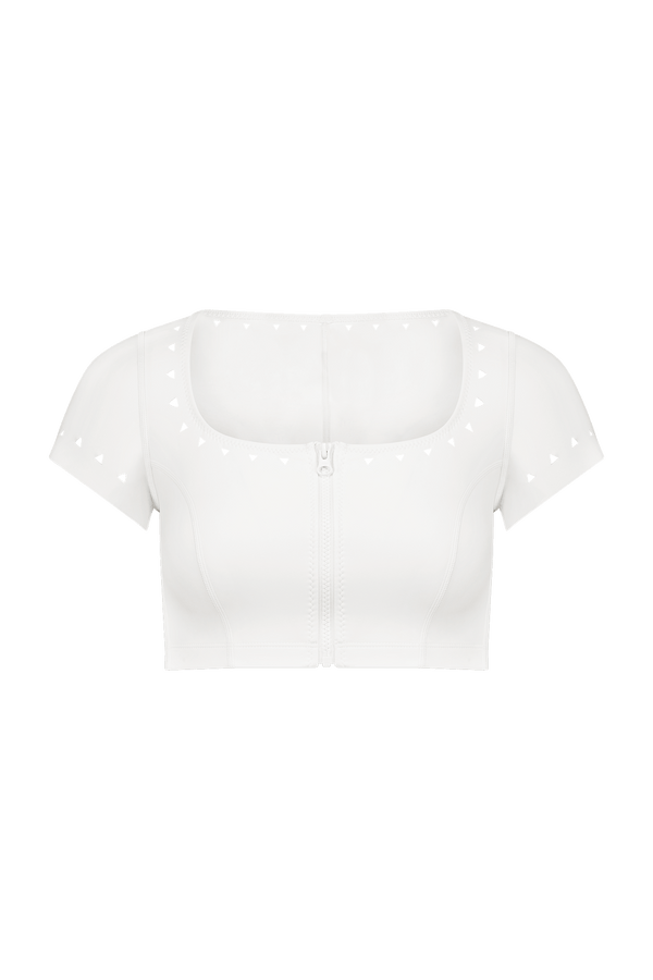 The Jennifer Crop Top by Gigi C Bikinis is a white scuba cropped top with short sleeves, a scoop neckline, decorative front zipper, and triangle cut-out patterns on the neckline and sleeves for added style.