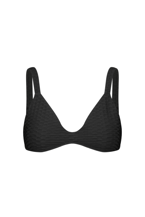 The Shay Top by Gigi C Bikinis is a black bralette with a unique texture, wide straps, and a deep neckline, displayed on a plain white background.