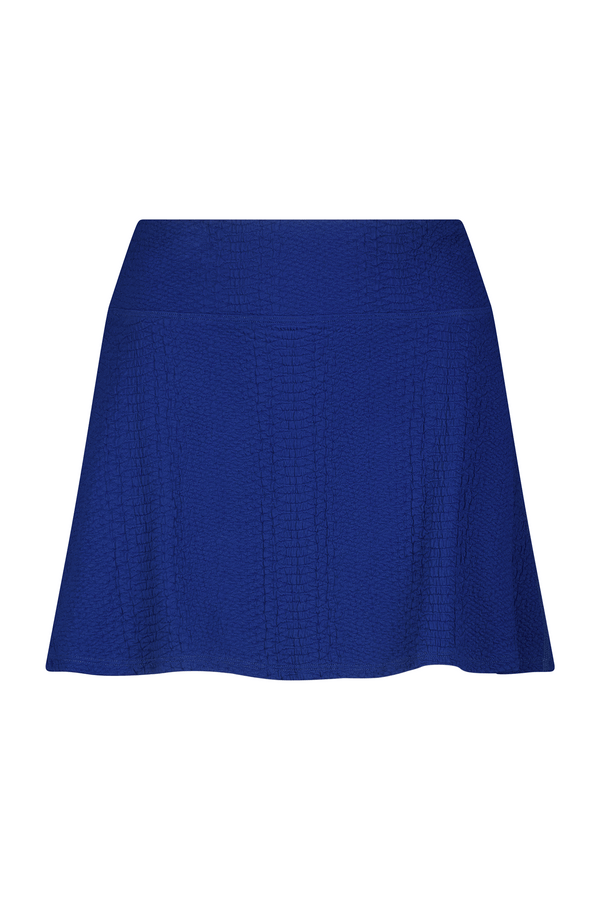 A bright blue, textured A-line Heidi Skirt by Gigi C Sport with a wide waistband is displayed on a white background.