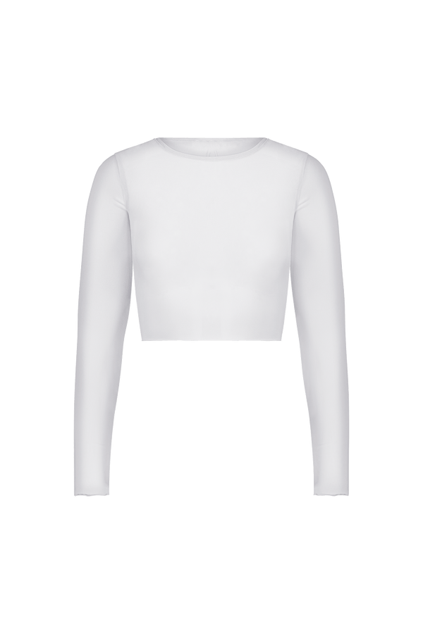 The Caroline Mesh Crop Top by Gigi C Bikinis features a white long-sleeve design with a round neckline, offering a sleek cropped silhouette. The fabric is smooth and fitted against a plain background.
