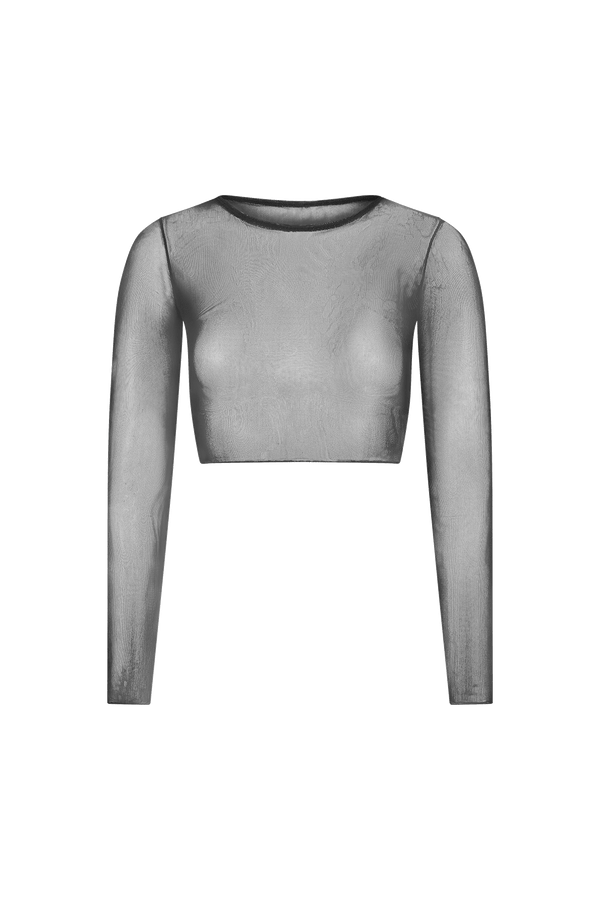 The Caroline Mesh Crop Top by Gigi C Bikinis is a sheer gray long-sleeved crop top featuring a round neckline, cropped silhouette, translucent fabric, and baby merrow hemming for a minimalist design.