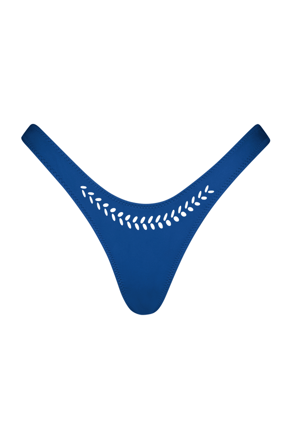 Discover elegance with Gigi C Bikinis Jaclyn Bottom, a blue thong featuring a curved waistband and exquisite laser cutouts for that perfect hint of allure.