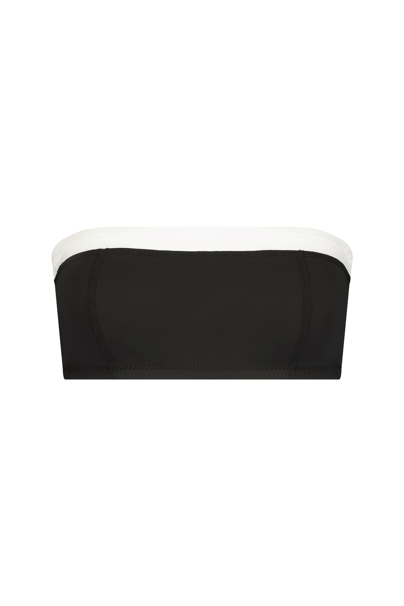 The Eddie Top from Gigi C Bikinis features a sleek, minimalist design with silky scuba fabric for a fitted look. This black and white strapless piece includes a horizontal seam and comes with an optional removable halter strap for versatile styling.