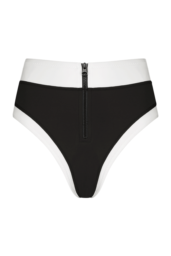Part of the Luxe Scuba Collection, the Eddie Bottom by Gigi C Bikinis features high-waisted black bikini bottoms with ultra high-cut legs, white trim, and a stylish front zipper detail.