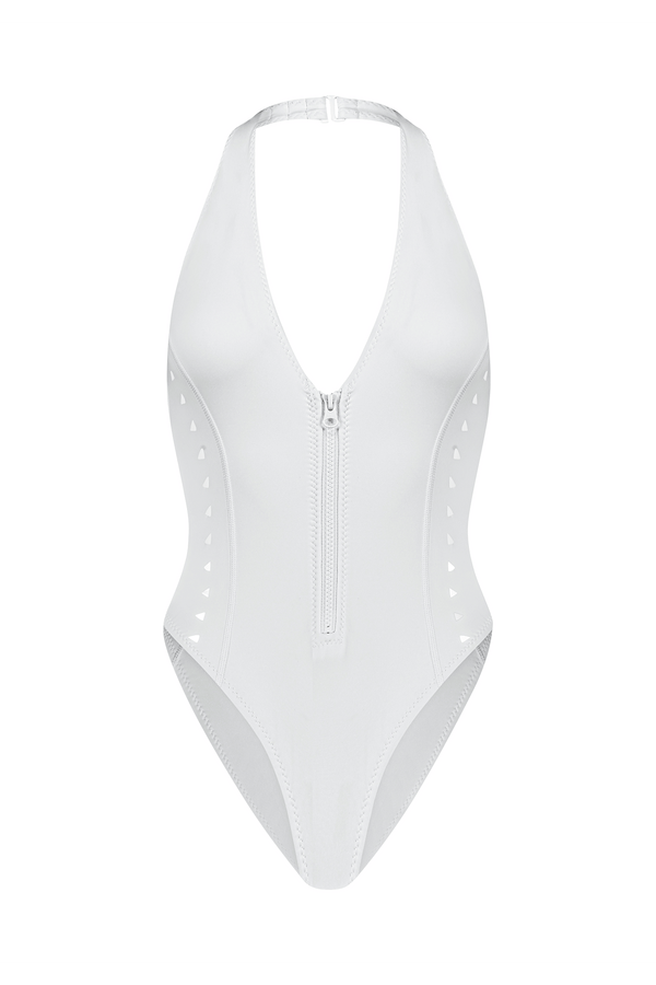The Grace One Piece by Gigi C Bikinis is a stunning swimsuit featuring a white V-neck with a front zipper, high cut legs, and a halter neck design. Triangle laser cutouts along the sides add elegance to this beautiful piece.