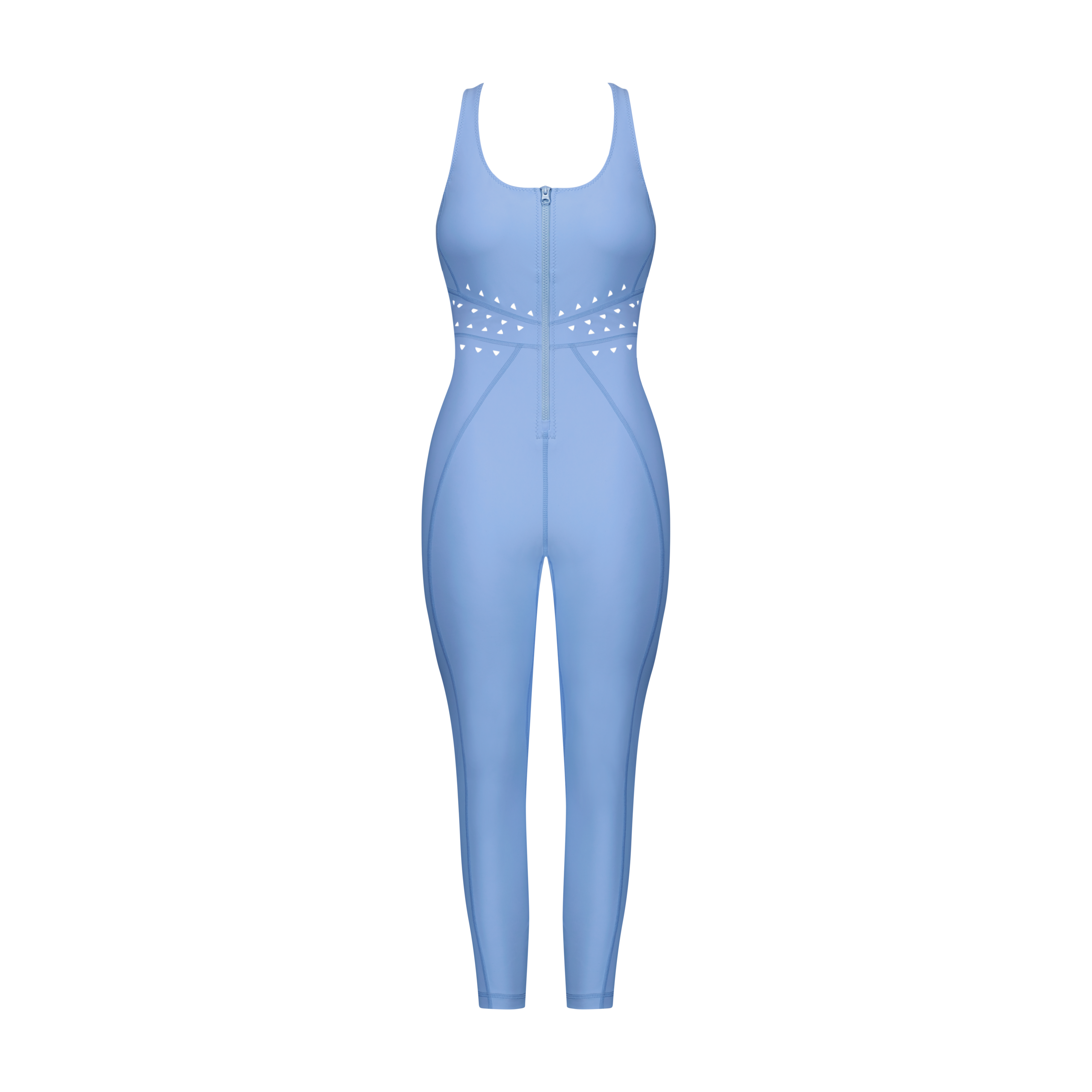 The Gigi C Sport Hunter Jumpsuit is a form-fitting, blue activewear piece with a front zipper and laser cutout waist design, displayed on a black background to enhance its sleek look.