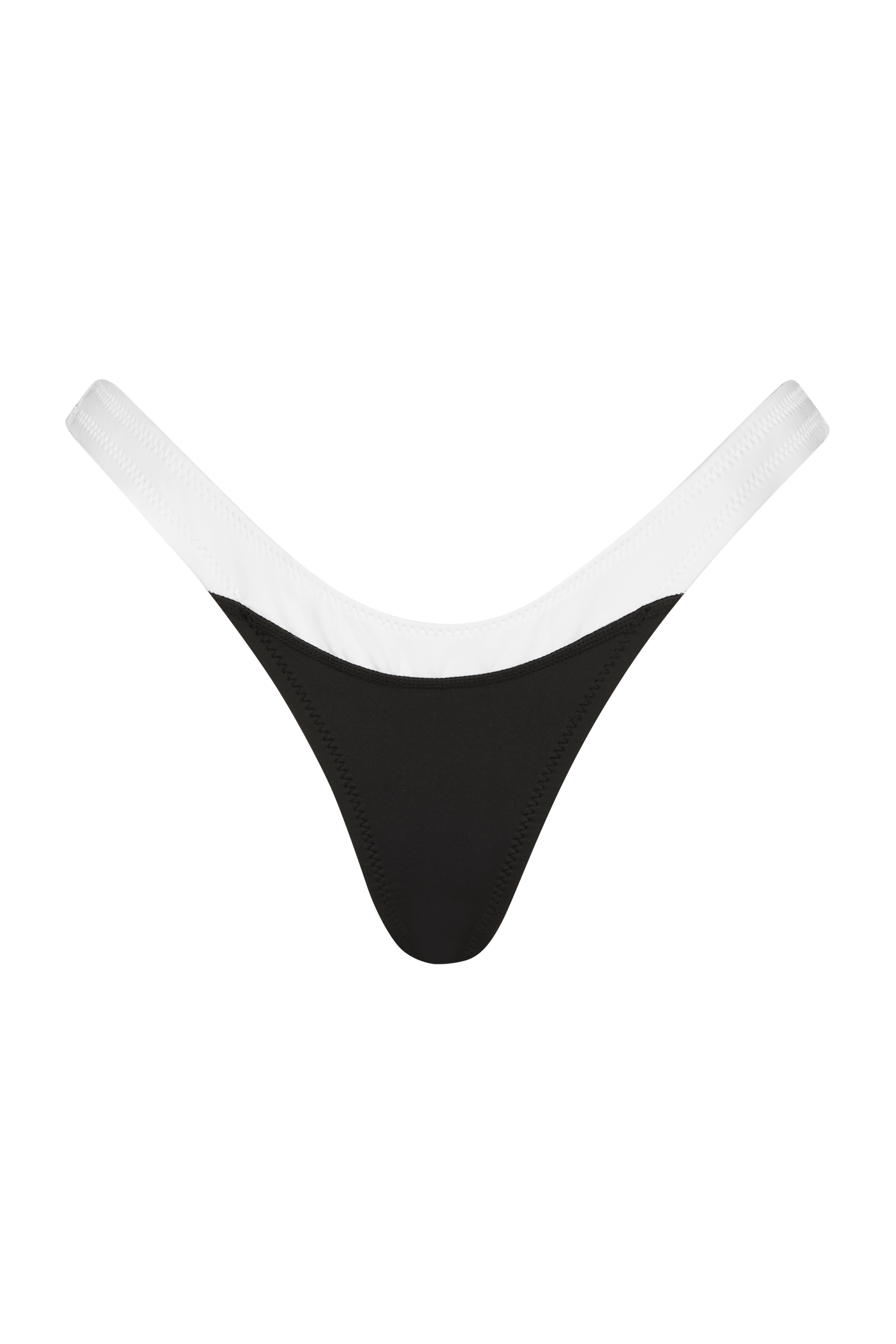 The Brett Bottom by Gigi C Bikinis is a black thong with a white elastic waistband, providing minimal coverage and a sporty, sexy look, showcased on a plain black background.