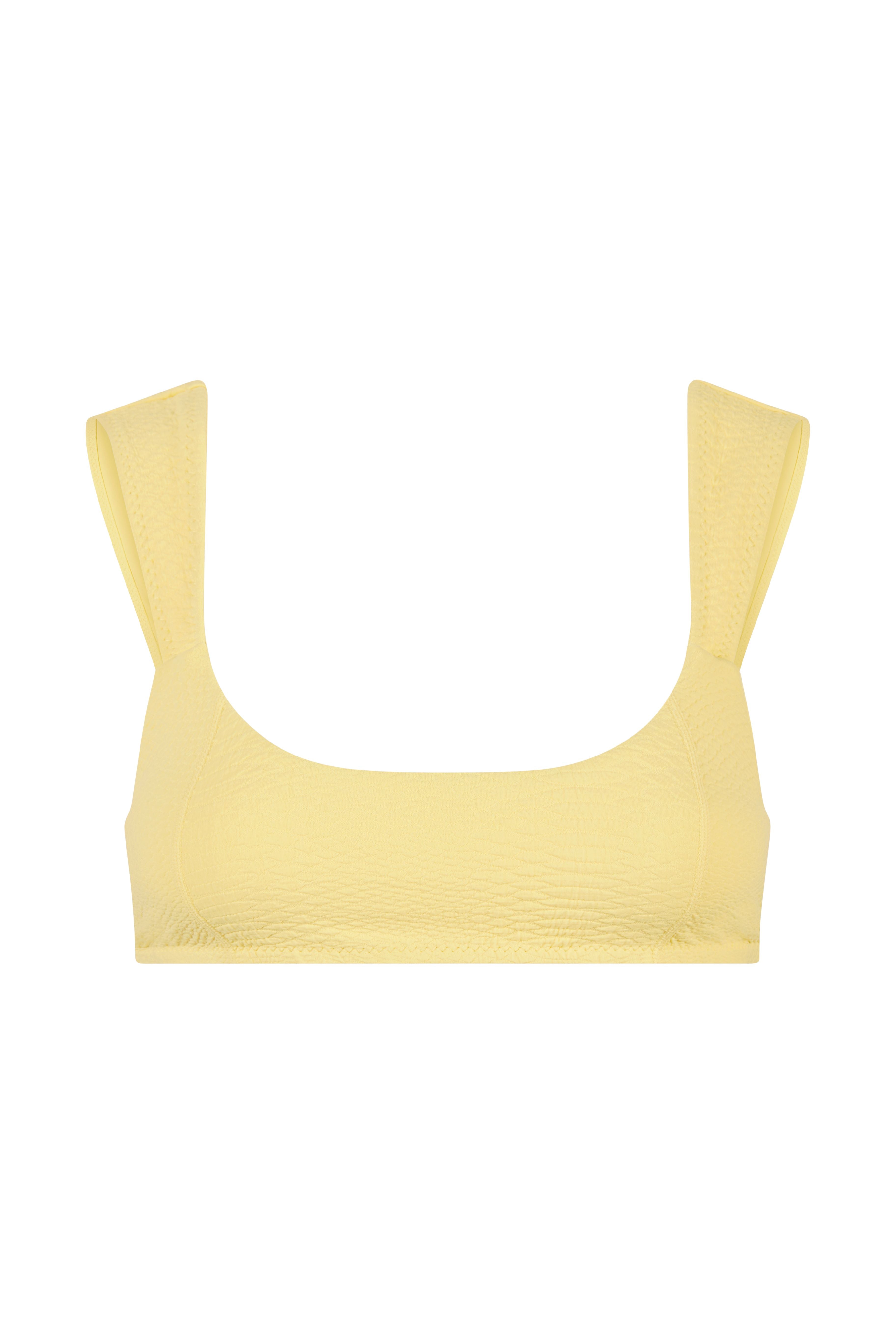 The Dawson Top by Gigi C Bikinis is a yellow textured bikini top designed with snakeskin embossed fabric. It features wide shoulder straps, a square neckline, and is fully lined for a minimal look, shown on a plain white background.