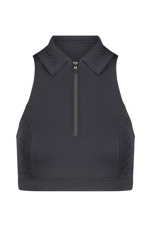 Introducing the Briar Bra Top from Gigi C Sport: a black sleeveless crop top made of ultra-soft stretch fabric, featuring a collared neckline, front zipper, and eyelet detailing on the shoulders and sides for stylish athleisure appeal.