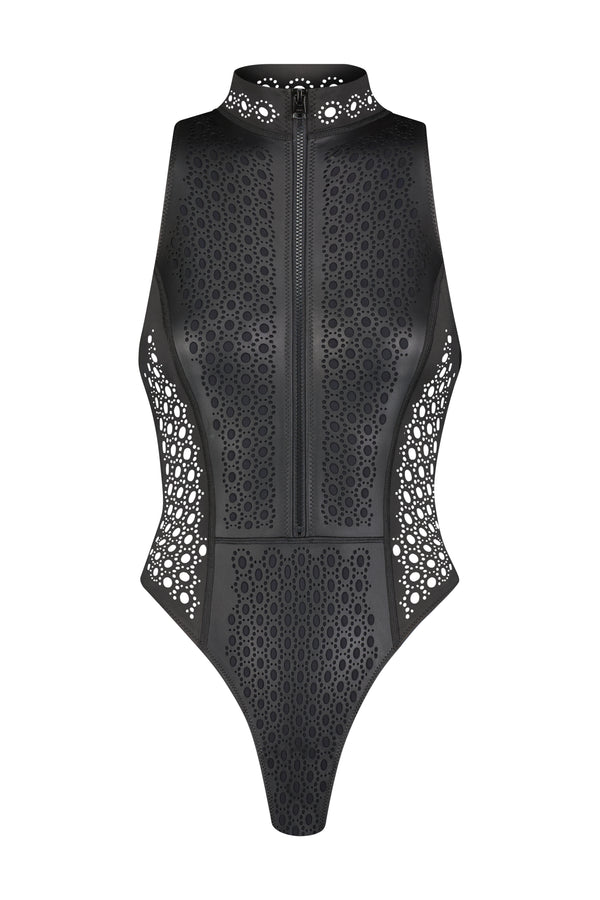 Explore the Brooks One Piece by Gigi C Bikinis: a luxury wax-coated scuba swimsuit featuring a high-neck, sleeveless design with laser-cut patterns, front zip, and mesh-detailed circular cutouts on the sides and collar.