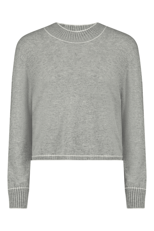 The Jacqueline Pullover by Gigi C Lounge is a gray, long-sleeve sweater made from recycled cashmere. It features ribbed cuffs and neckline, with a straight cut and soft texture for comfort and style.