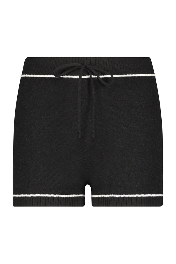 The Danica Short by Gigi C Lounge is crafted from a luxurious wool/cashmere blend, featuring a ribbed waistband with drawstring and accented by white horizontal stripes at the top and bottom edges.