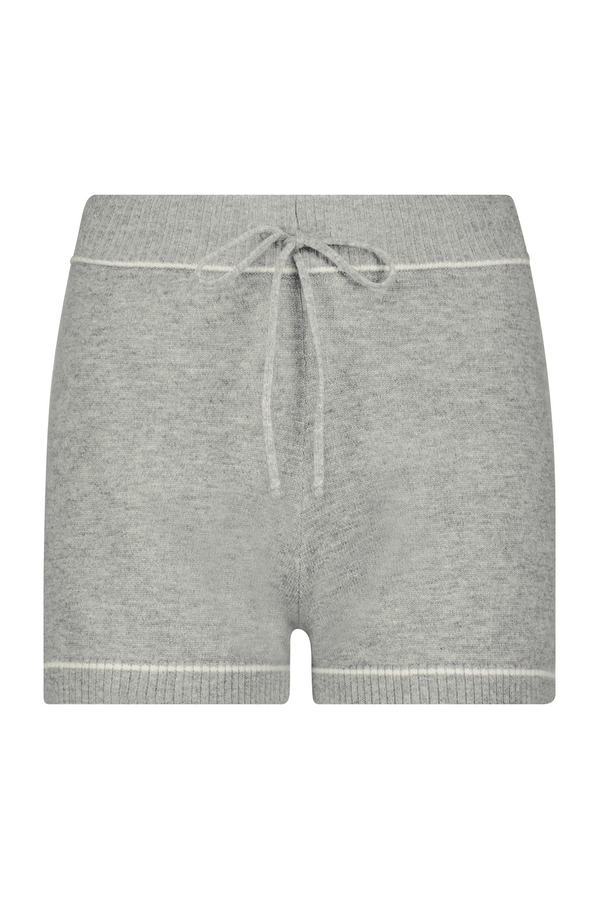 The Danica Short from Gigi C Lounge features an elastic waistband, a front drawstring tie, and ribbed textures at the waistband and leg openings. Crafted from a cozy wool/cashmere blend, this grey knit is perfect for lounging in soft, casual comfort.