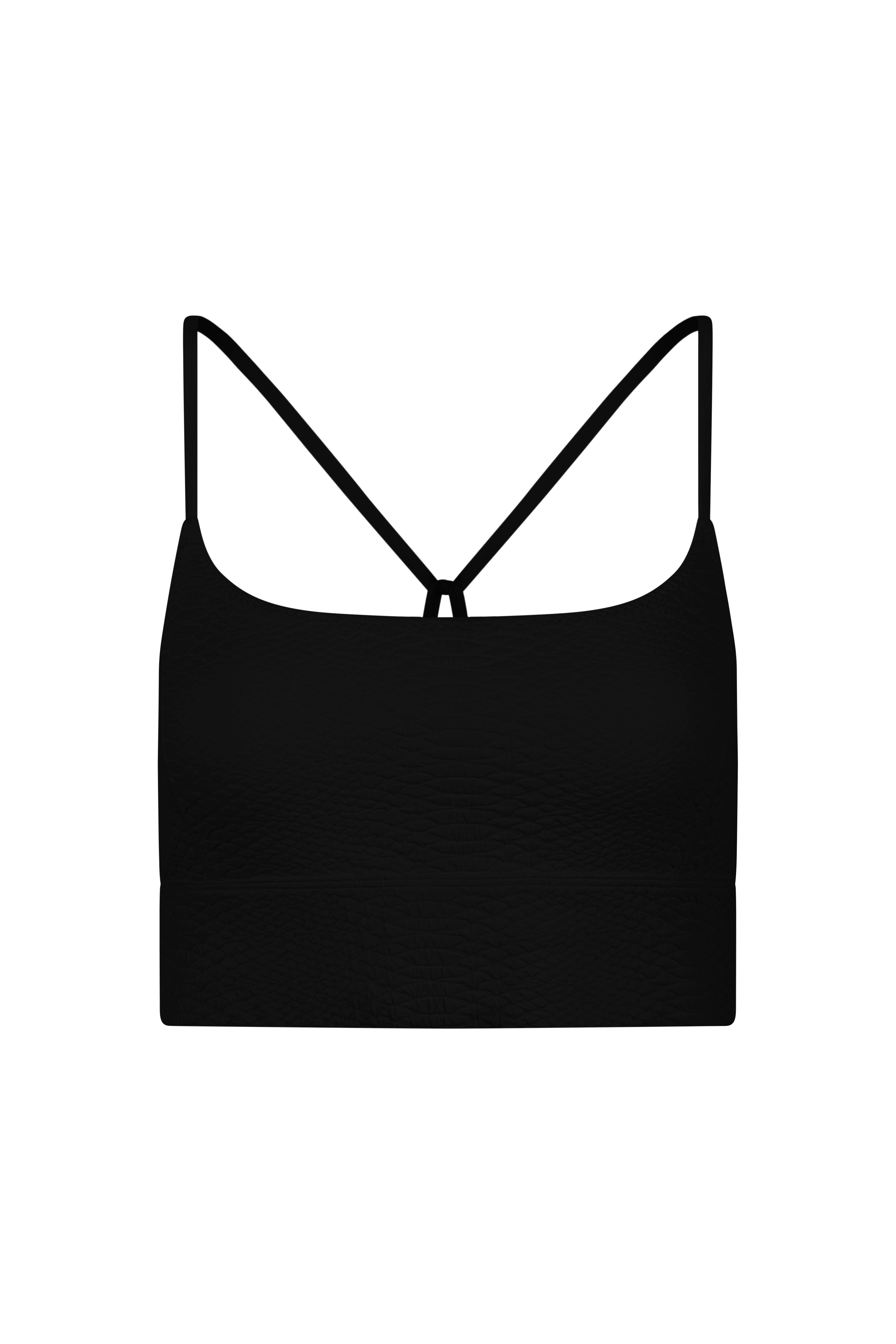 The Finle Bra by Gigi C Sport is a black, minimalist bralette featuring thin straps in a V-shape at the back, customizable support, and fabric with a subtle textured pattern.