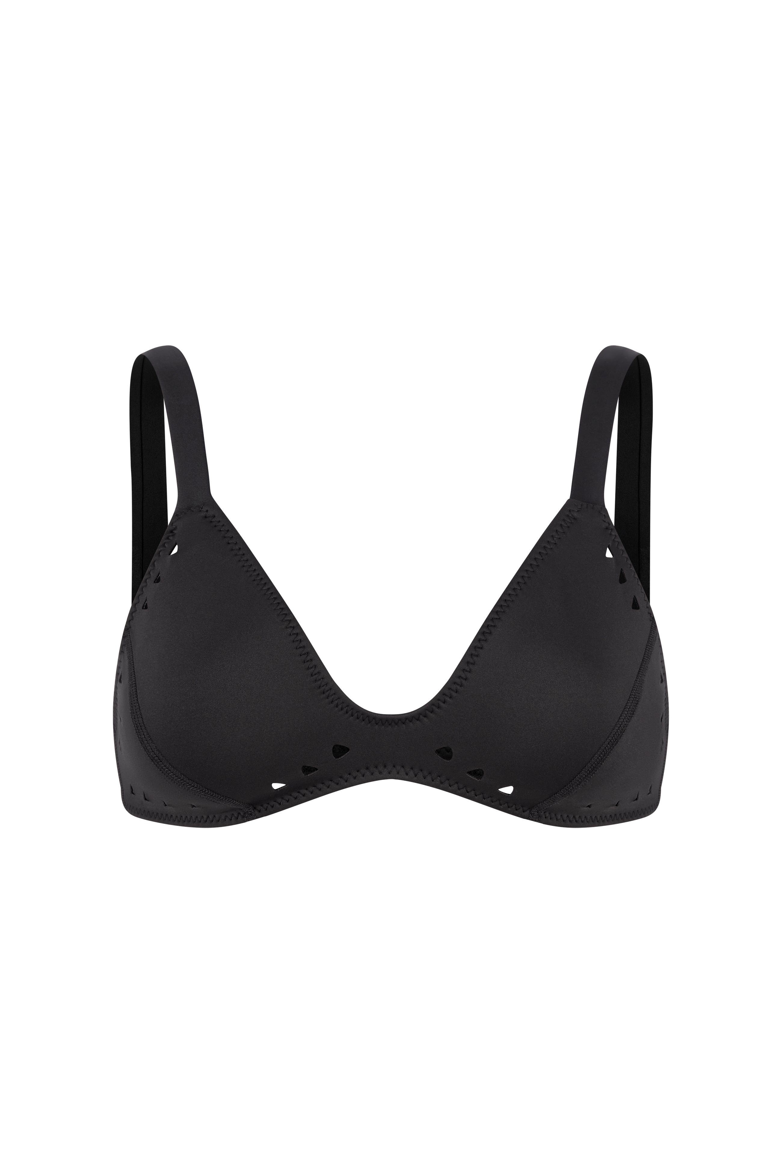 The Georgia Top by Gigi C Bikinis is a black triangle bikini top crafted from sleek scuba fabric. It features adjustable straps and subtle laser cut detailing near the edges, offering a simple yet elegant design with a smooth fabric appearance.