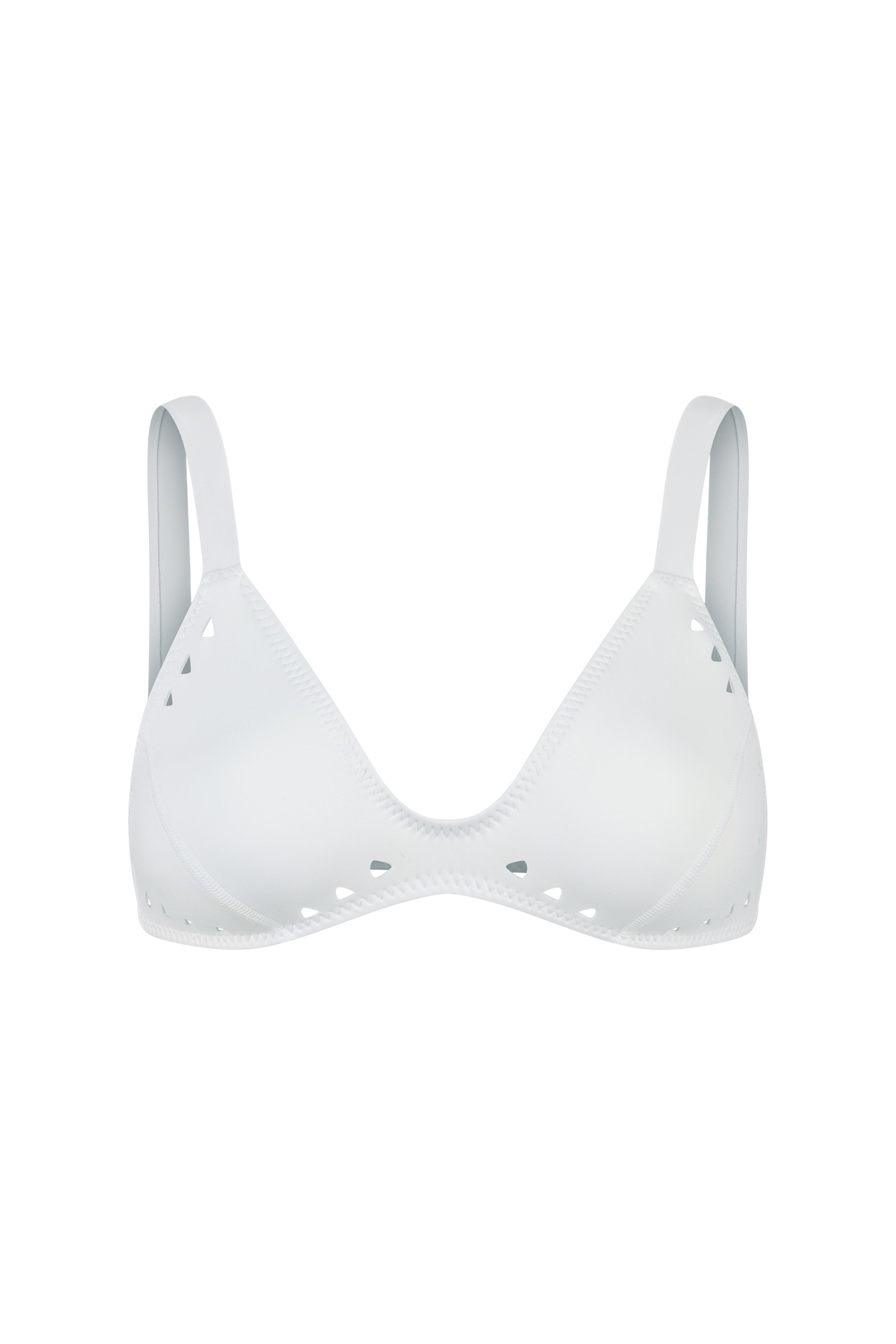 The Georgia Top by Gigi C Bikinis is a light gray, minimalist bralette made from scuba fabric with laser-cut detailing on triangular cups, featuring adjustable straps and small triangular cutouts.