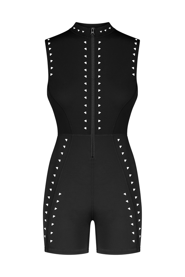 The Gigi C Sport Kina Romper is a stylish black sleeveless piece in breathable knit, featuring a high neck, front zipper, and vertical white triangle patterns for a sporty look.