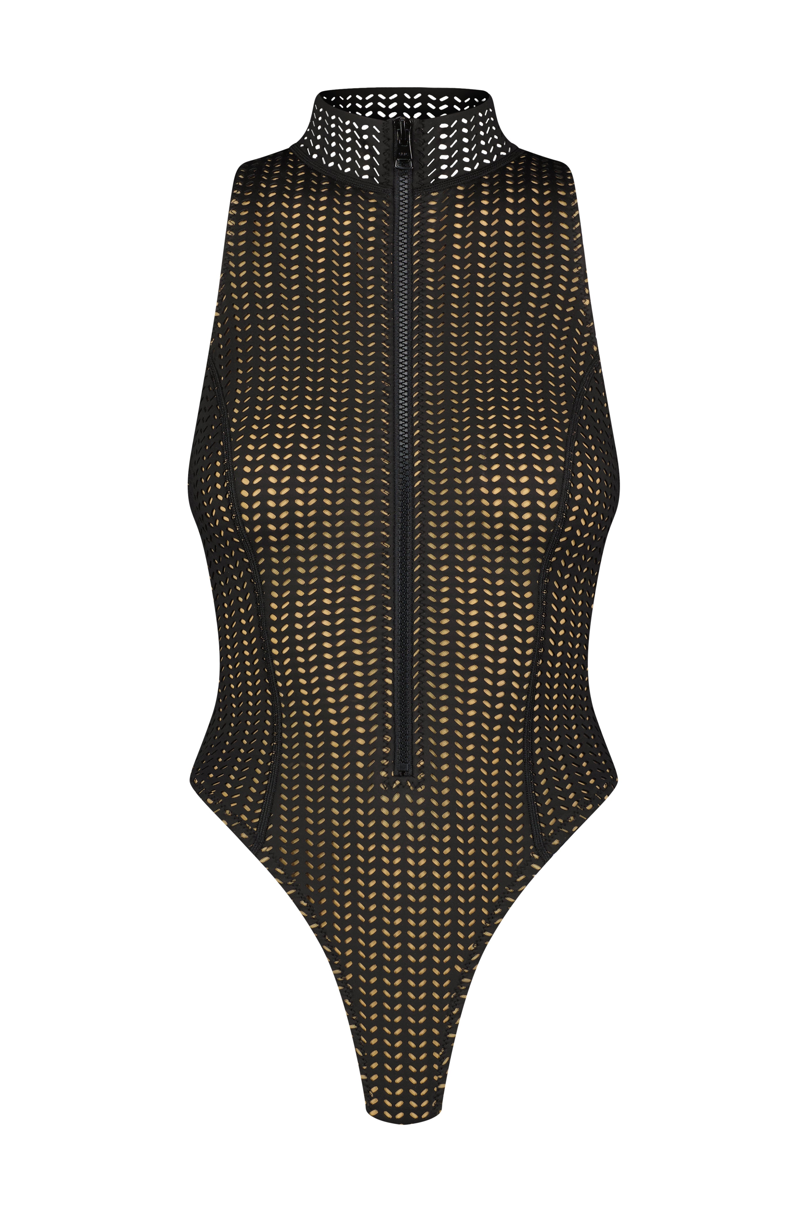 The Iman One-Piece by Gigi C Bikinis is a high-neck black mesh bodysuit featuring a sleek front zip. Made from Chevron Scuba fabric, it showcases a geometric pattern for added texture and style.
