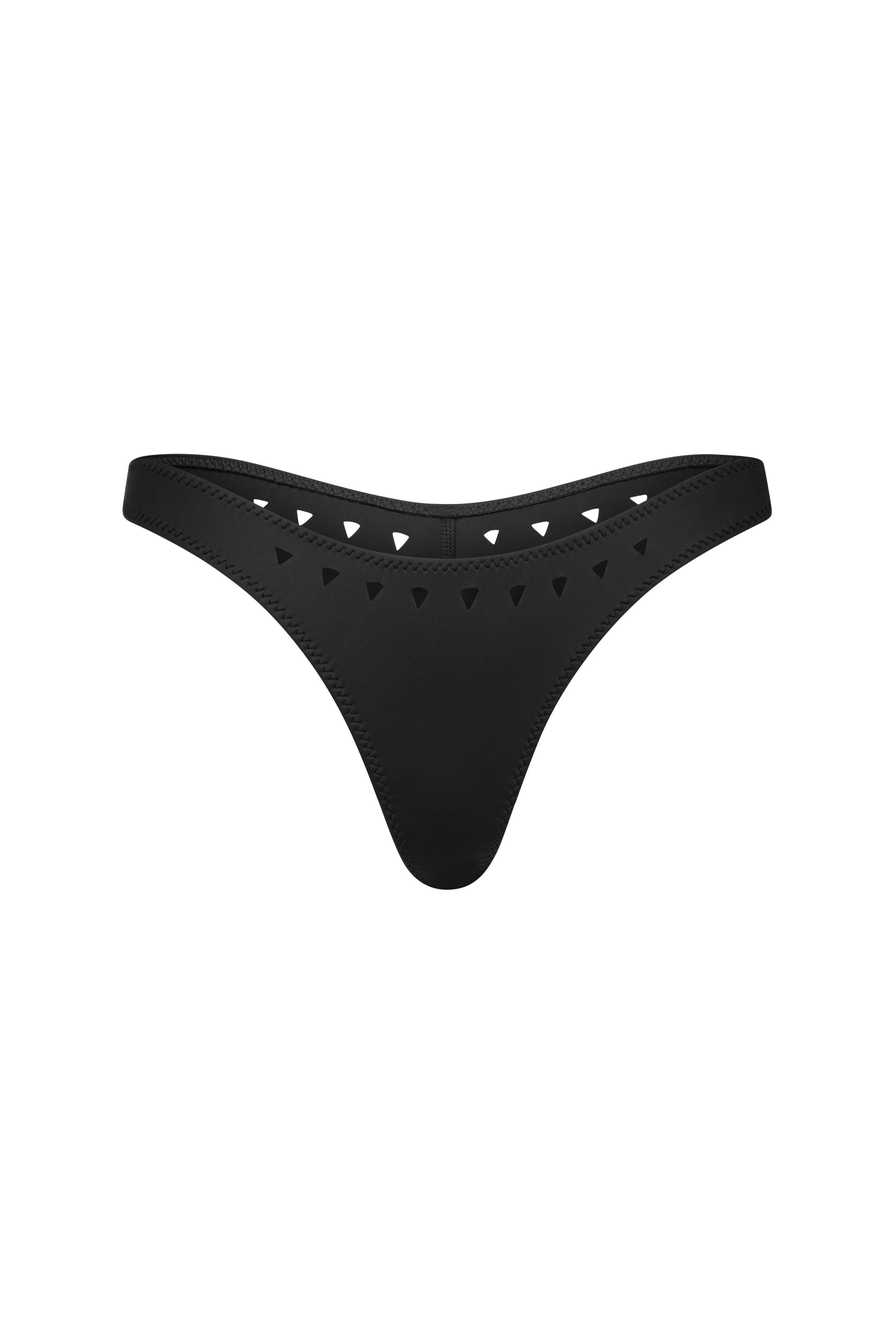 The Jaclyn Bottom by Gigi C Bikinis features black low-rise bikini bottoms with a stylish triangle cutout on the waistband and sleek fabric, enhancing its high-leg silhouette for a modern look.