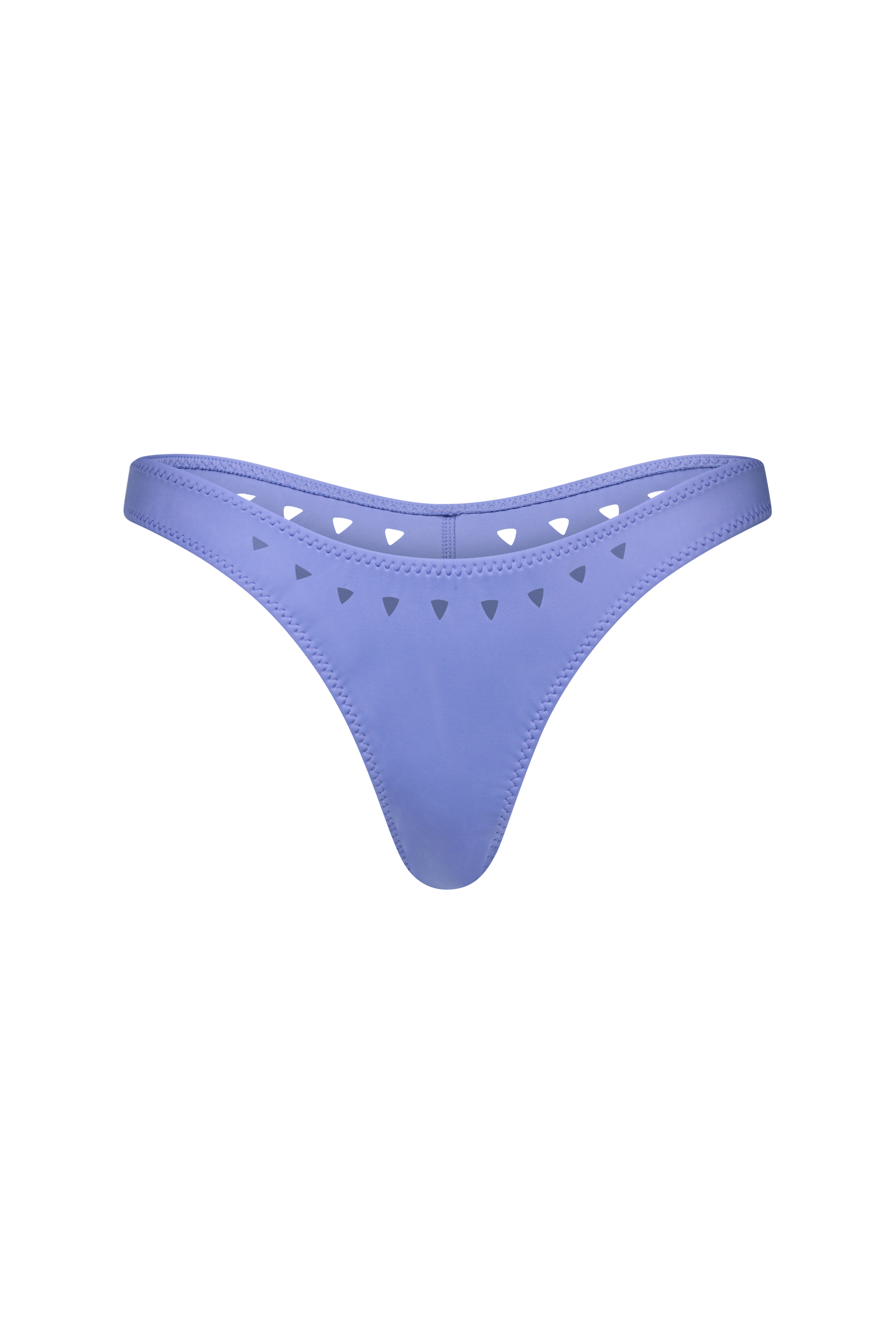 The Jaclyn Bottom by Gigi C Bikinis is a light blue thong featuring triangle cutouts on the waistband, crafted from scuba fabric for a smooth, slightly shiny look against a black background.