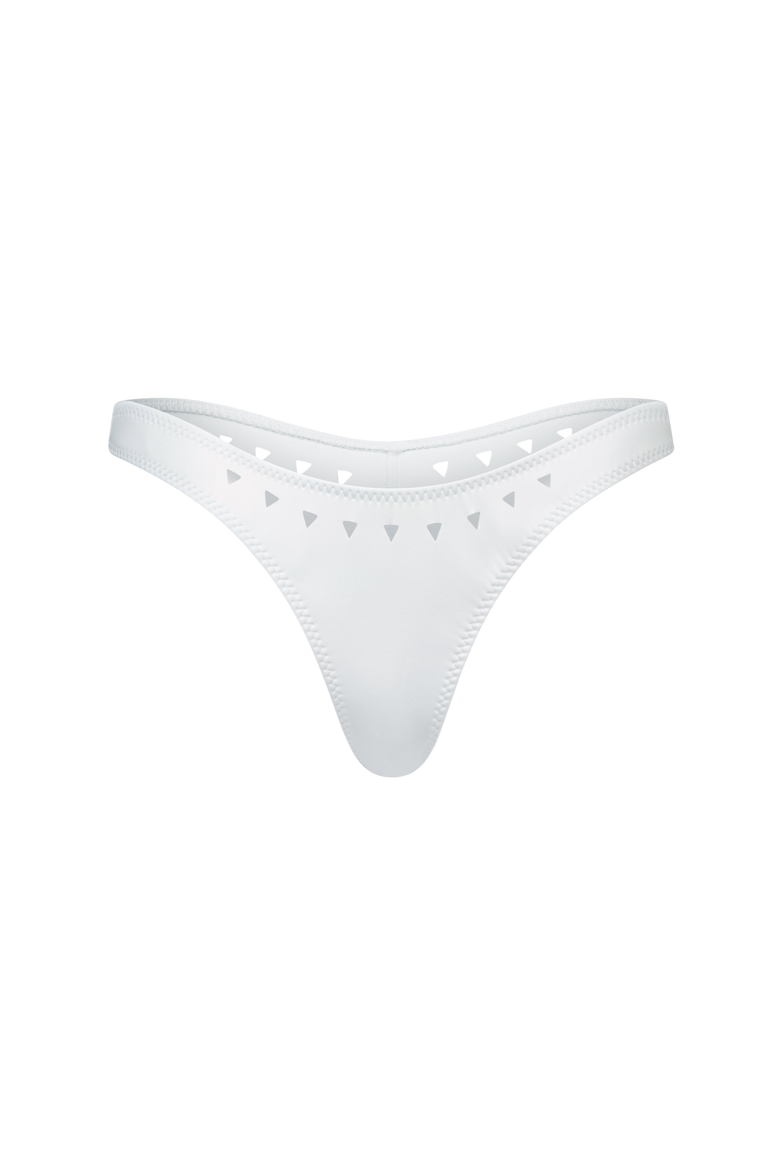The Jaclyn Bottom by Gigi C Bikinis is a white low-rise bikini bottom with a high-leg silhouette and peekaboo cutouts along the waistband. Its fabric is smooth, offering a simple and elegant design.