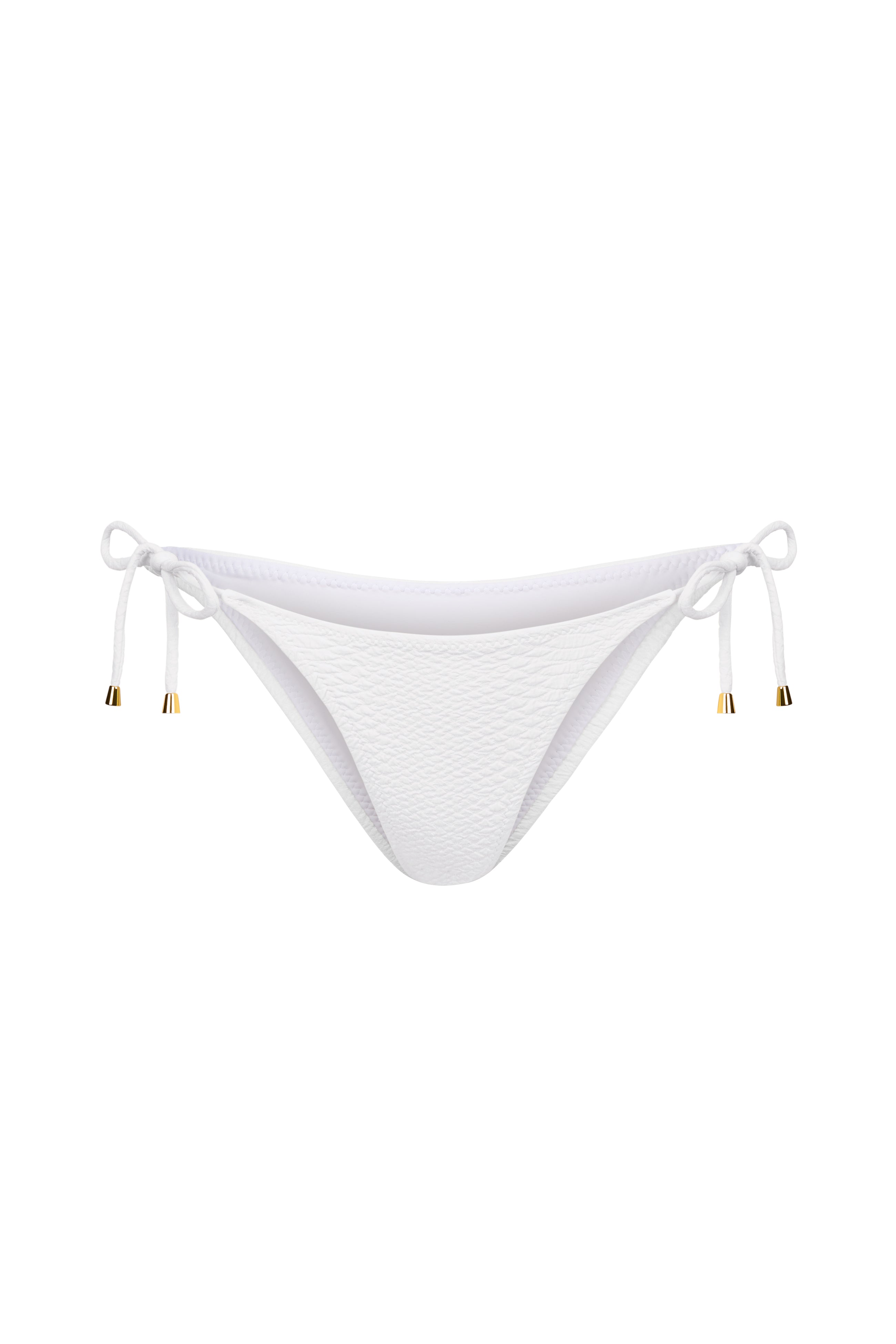 The Joni Bottom by Gigi C Bikinis features white textured snakeskin-embossed fabric with minimal coverage. Side ties and gold-tone tips add elegance, making it a summer staple.