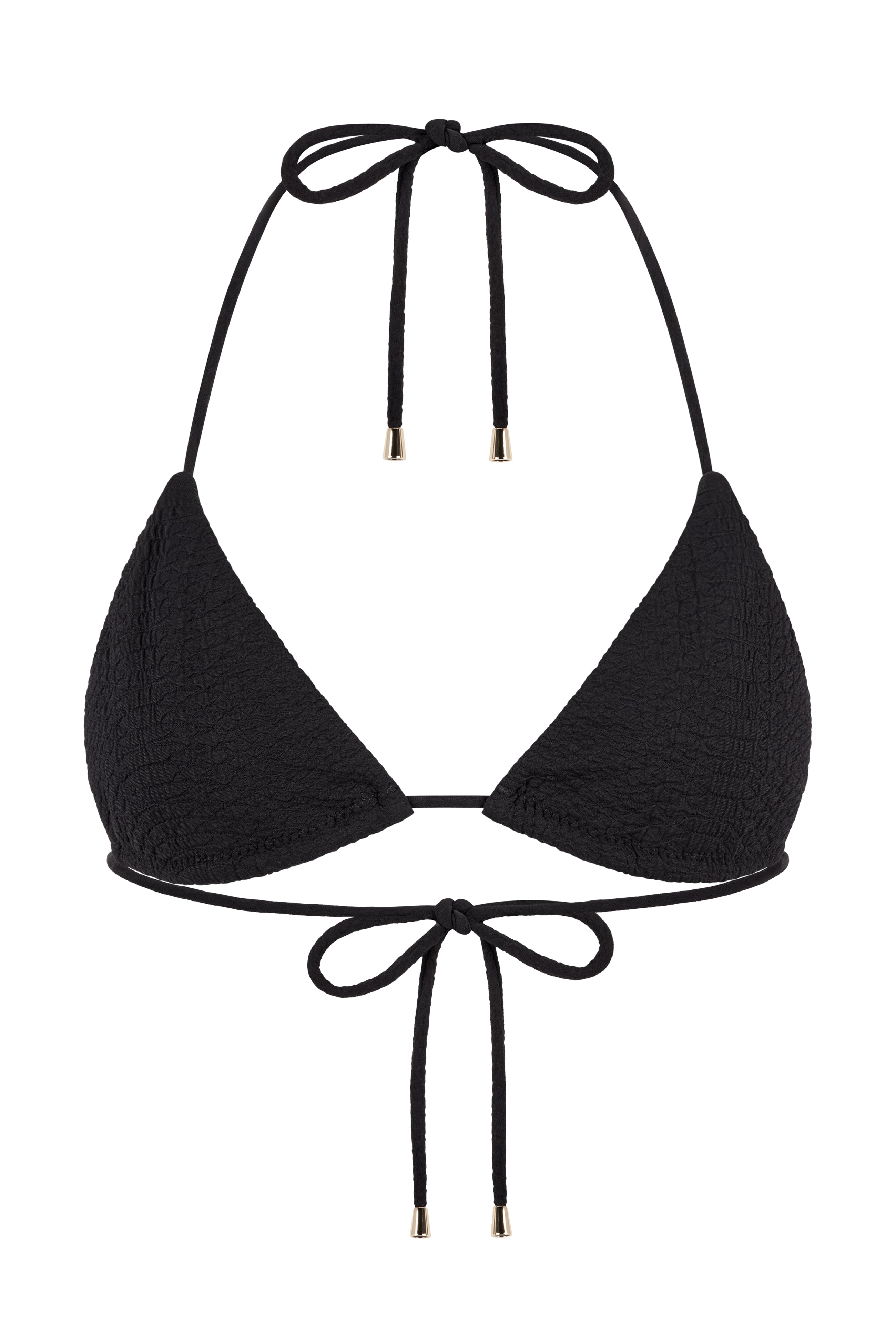 The Joni Top by Gigi C Bikinis is a black textured bikini with triangle cups, adjustable ties at the neck and back, and sleek gold hardware for added elegance.