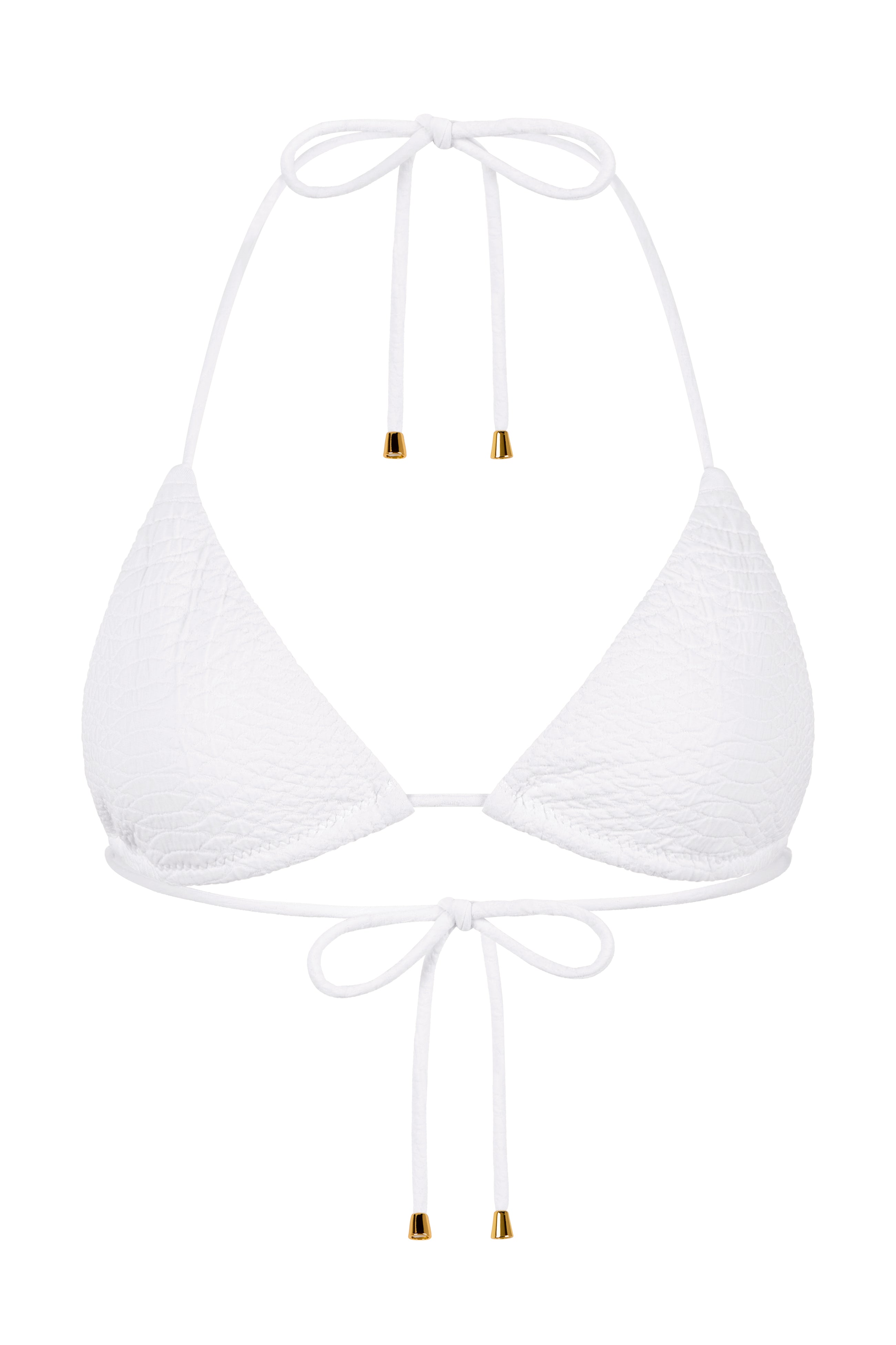 The Joni Top by Gigi C Bikinis is a white triangle bikini top made from snakeskin embossed fabric. It features adjustable neck and back ties with delicate gold accents, offering a minimalist and elegant design ideal for your summer collection.