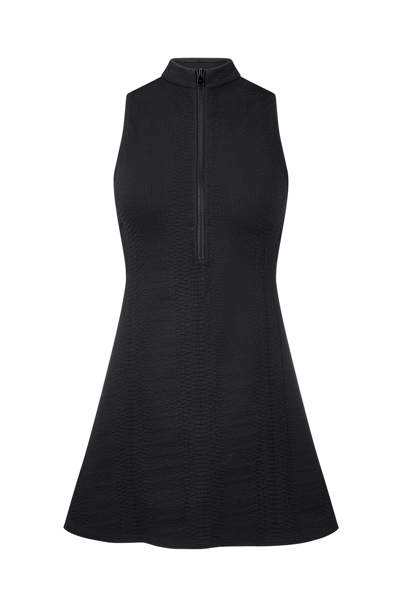 The Marcella Dress by Gigi C Sport is a sleeveless black piece with a high collar and front zipper, made of textured faux snakeskin fabric and featuring an A-line silhouette that provides tridimensional elasticity for a flattering fit.