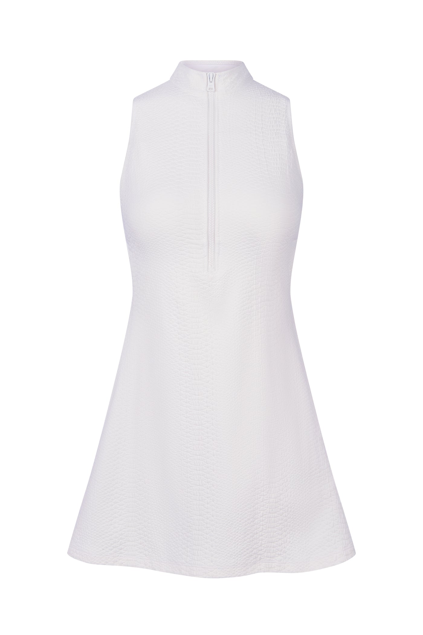 The Marcella Dress by Gigi C Sport is a sleeveless white dress made from textured faux snakeskin jacquard, featuring a high collar, subtle front zipper, and an A-line silhouette that offers tridimensional elasticity for a simple and elegant look.