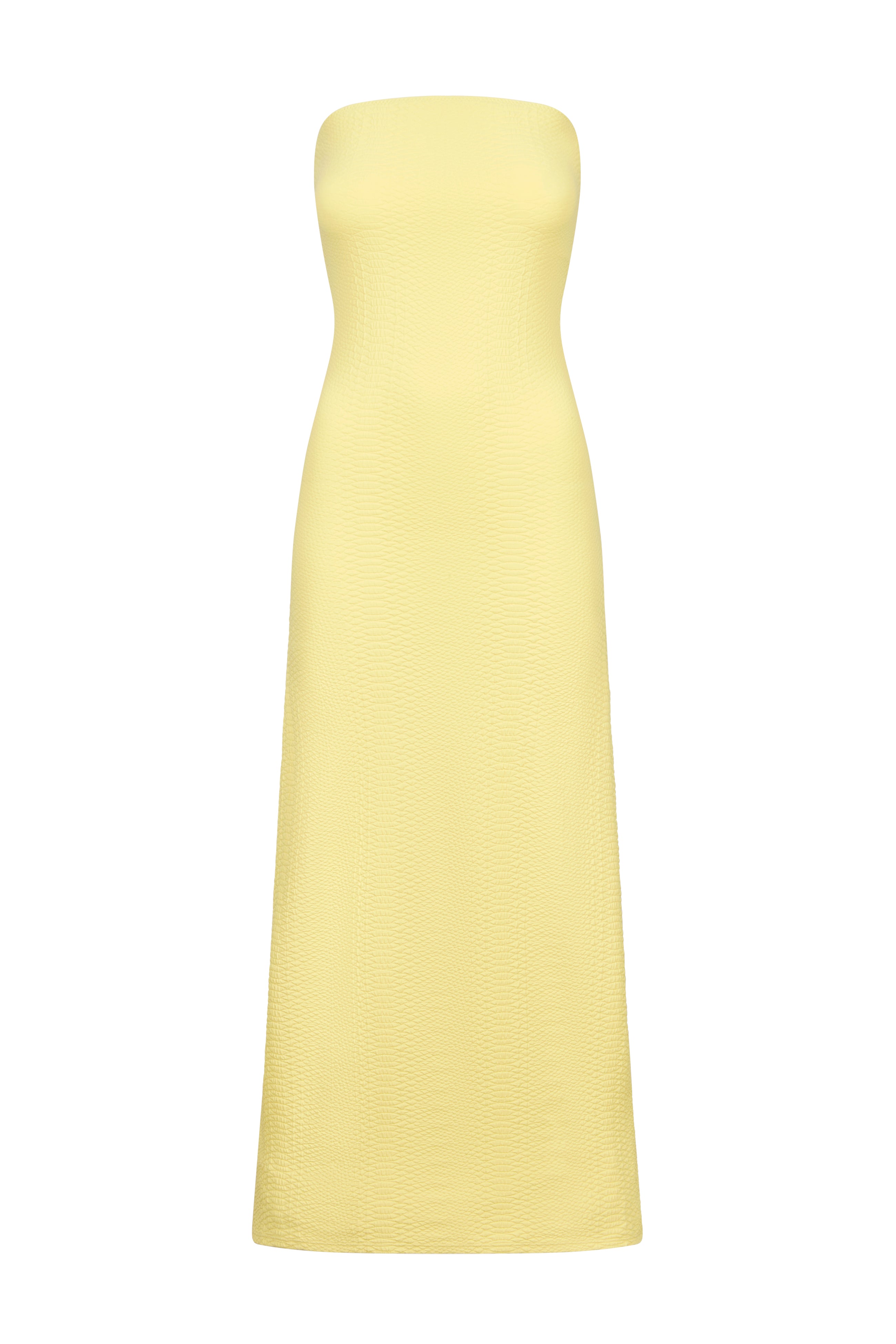 Introducing the elegant Maya Dress by Gigi C Bikinis: a strapless yellow creation in textured fabric, designed in a fitted style that seamlessly transitions into an ankle-length skirt.
