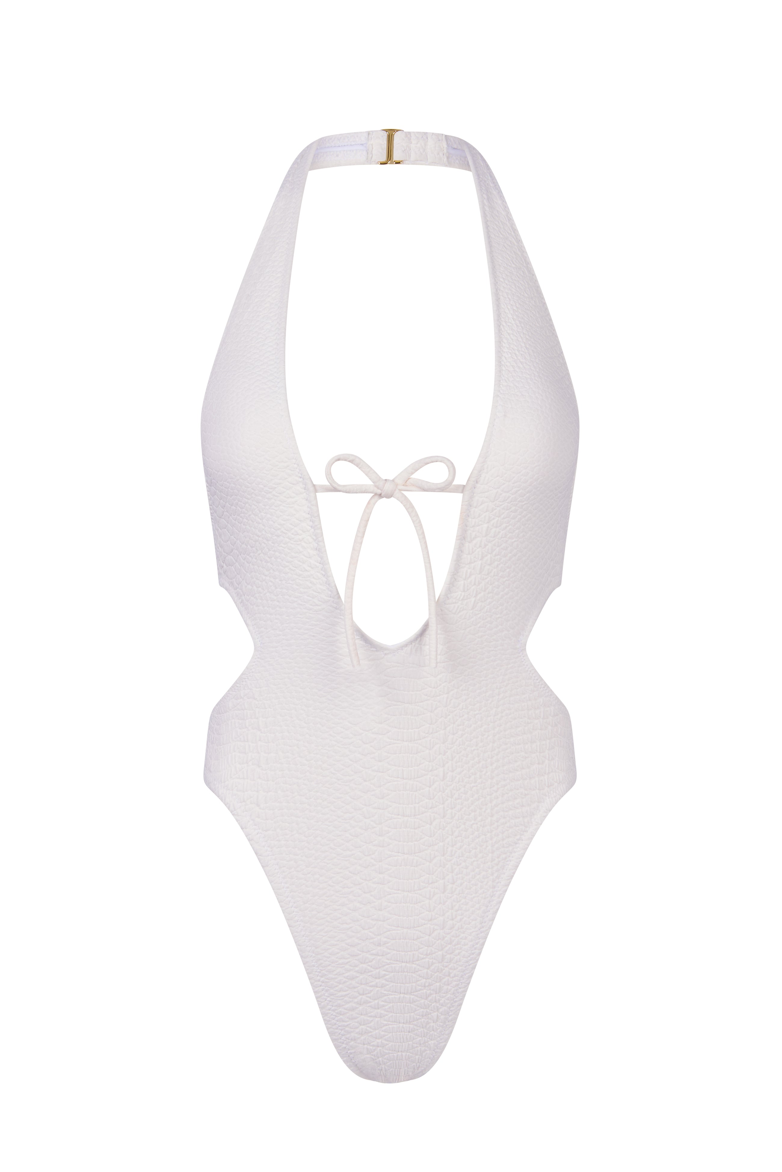 The Megan One Piece by Gigi C Bikinis is a white halter neck swimsuit with a deep V-neckline, side cut-outs, and front tie detail. Its snakeskin embossed fabric gives it a unique touch.