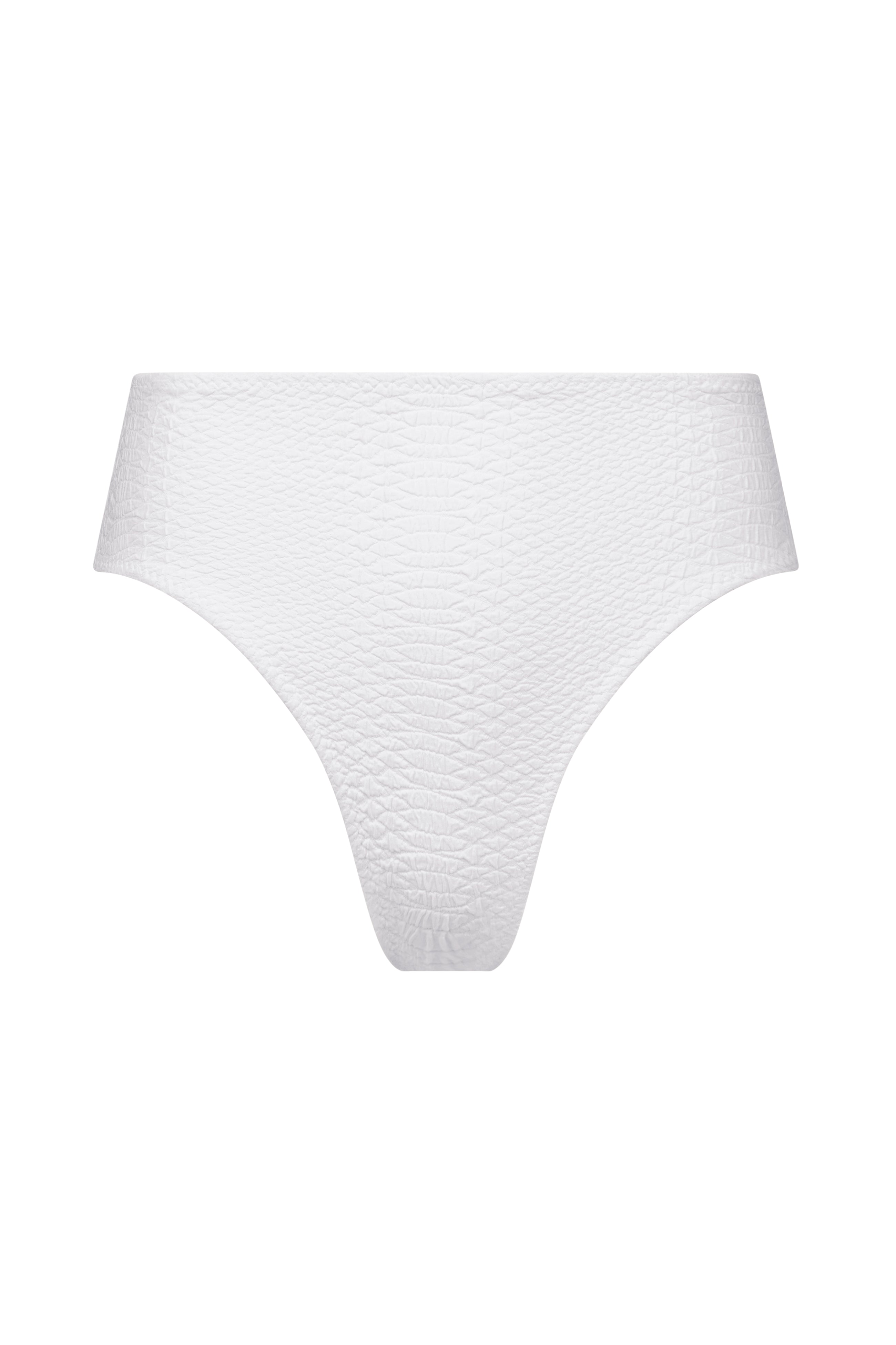 The Gigi C Bikinis Melinda Bottom is a white textured bikini bottom with a high-cut leg, crafted from snakeskin-embossed fabric, adding intrigue to your collection and beautifully showcased against a plain white background.