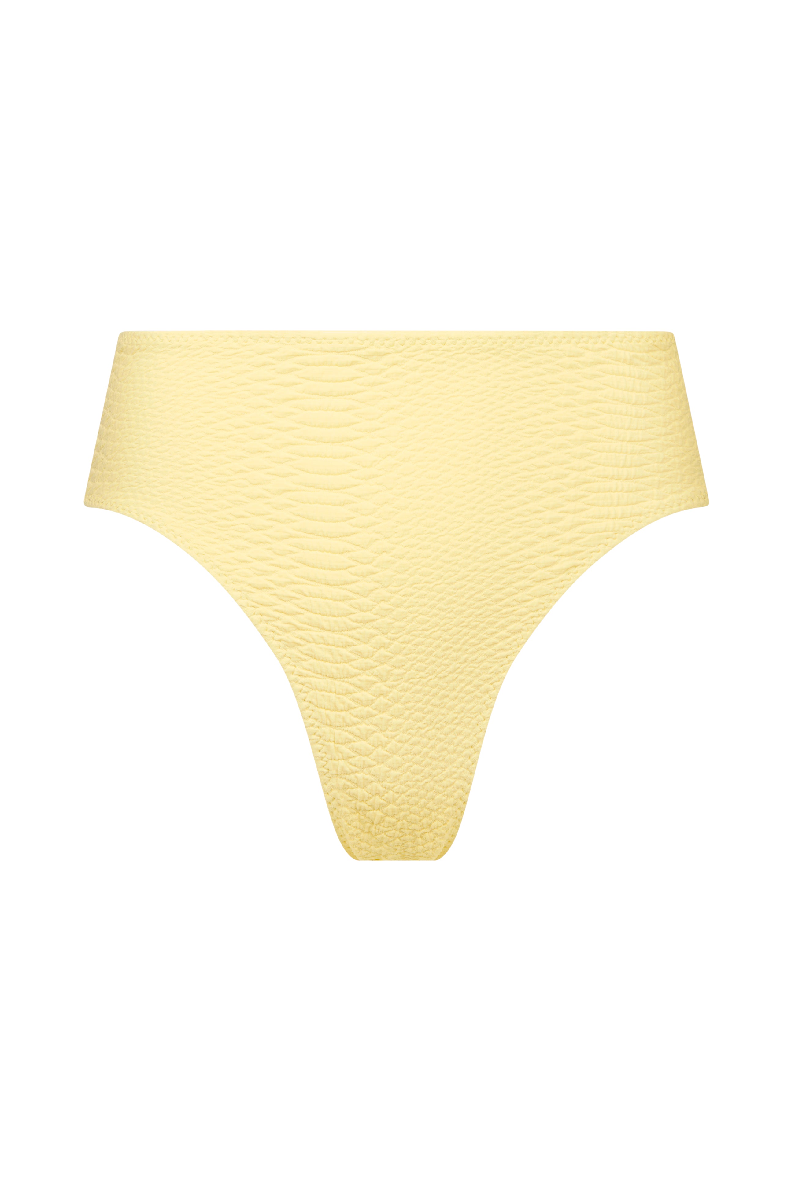 The Melinda Bottom from Gigi C Bikinis features a high-waisted design with vibrant yellow snakeskin embossed fabric, beautifully set against a crisp white background.