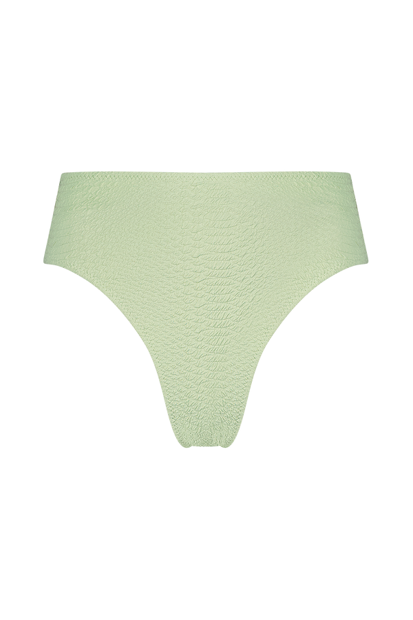 The Melinda Bottom by Gigi C Bikinis features a cheeky faux snake design in light green, set against a sleek black background.