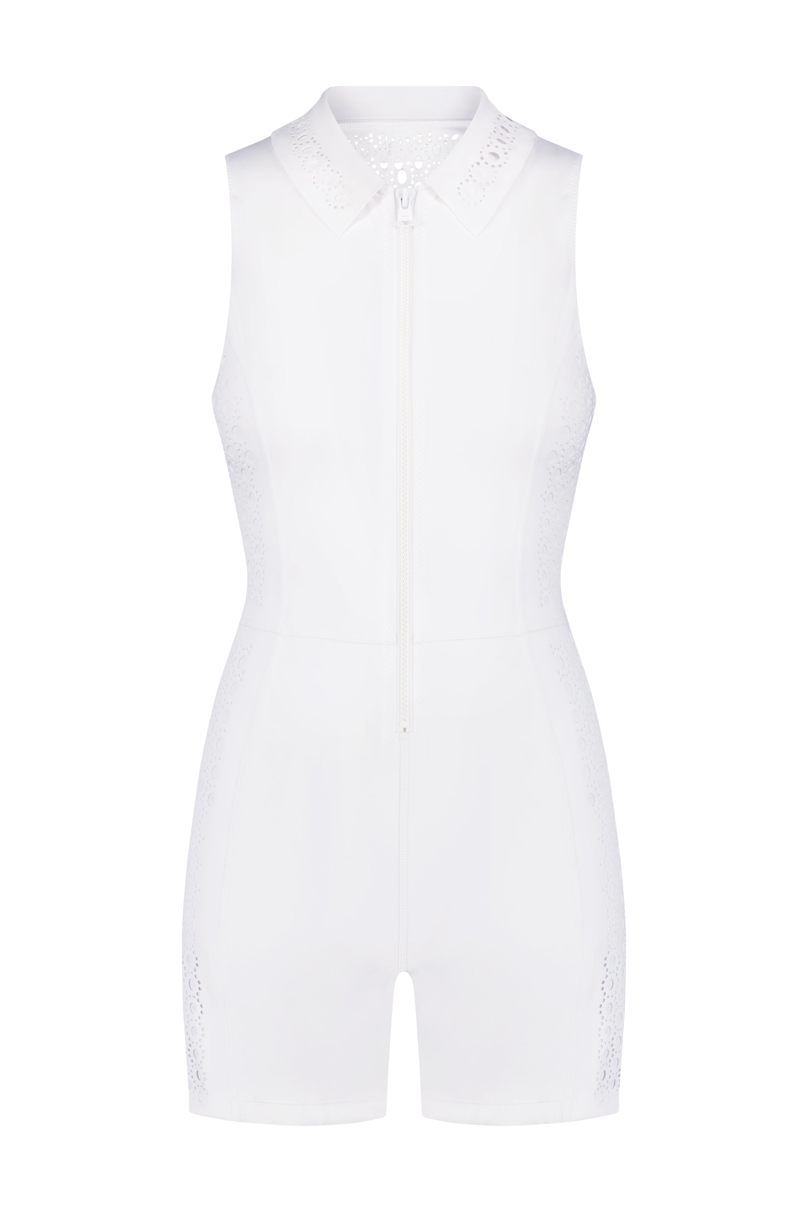 Discover the Gigi C Sport Mina Romper: a sleeveless, white piece with a chic collar and front zipper. Ideal for activewear, it includes subtle lace-like side detailing and provides UV protection for sunny days.