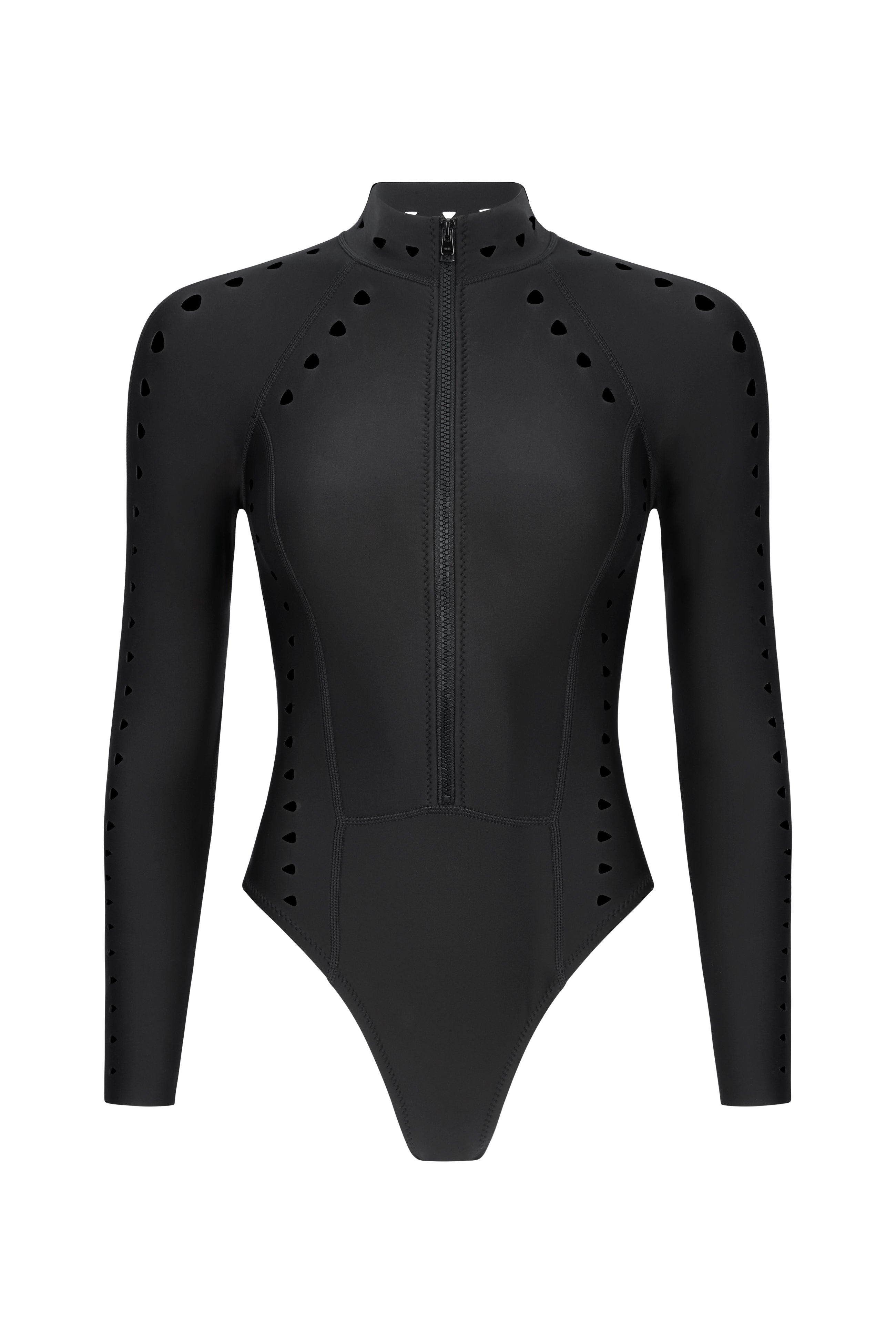 Gigi C Bikinis presents the Riley Surfsuit, a black long-sleeve bodysuit made from scuba fabric. It features a front zipper and heart-shaped laser cutouts on the sleeves and shoulders, combining sporty with stylish elements in a sleek silhouette.