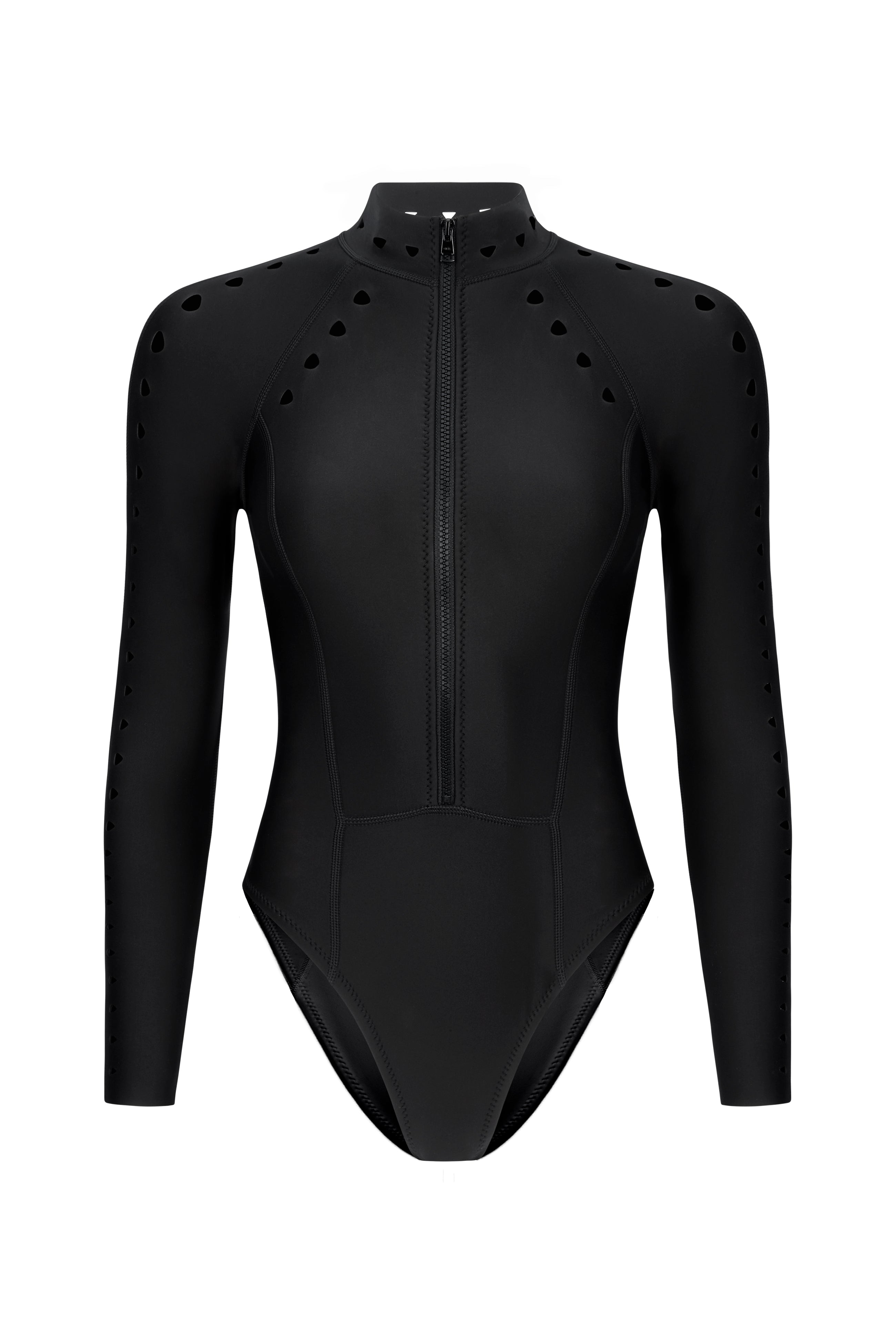 The Riley Surfsuit Full Coverage by Gigi C Bikinis is a black long-sleeve bodysuit made from scuba fabric. It boasts triangle laser cutouts on the sleeves and shoulders, a high neckline, front zip closure, and a fitted design.